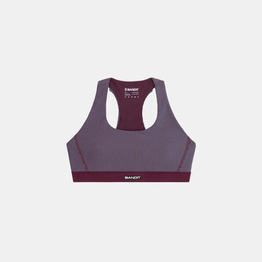 Bandit Running Striped Cadence Scoop Neck Run Bra - Fig/Vintage Blue
