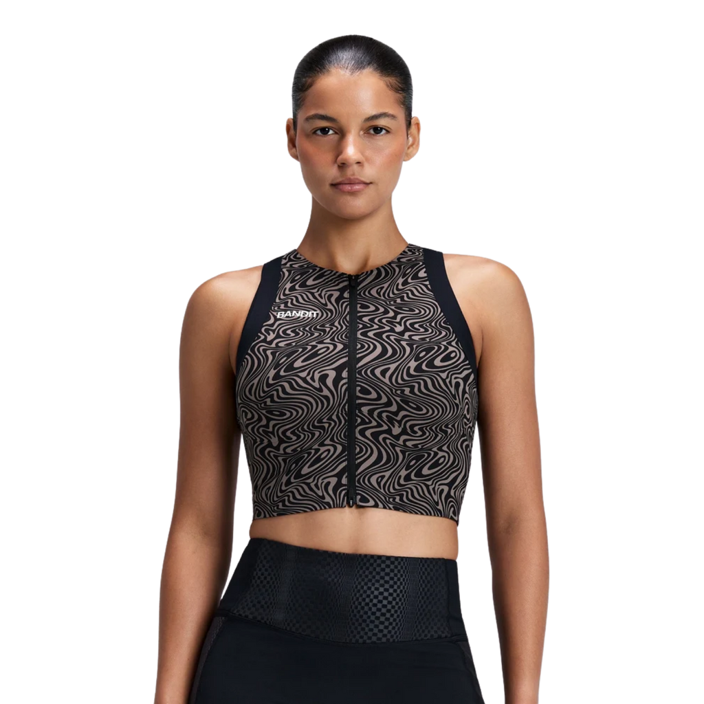 Bandit Running Women's Adapto™ 2-Way Zip Race Crop - Melted Marble Cocoa/Black