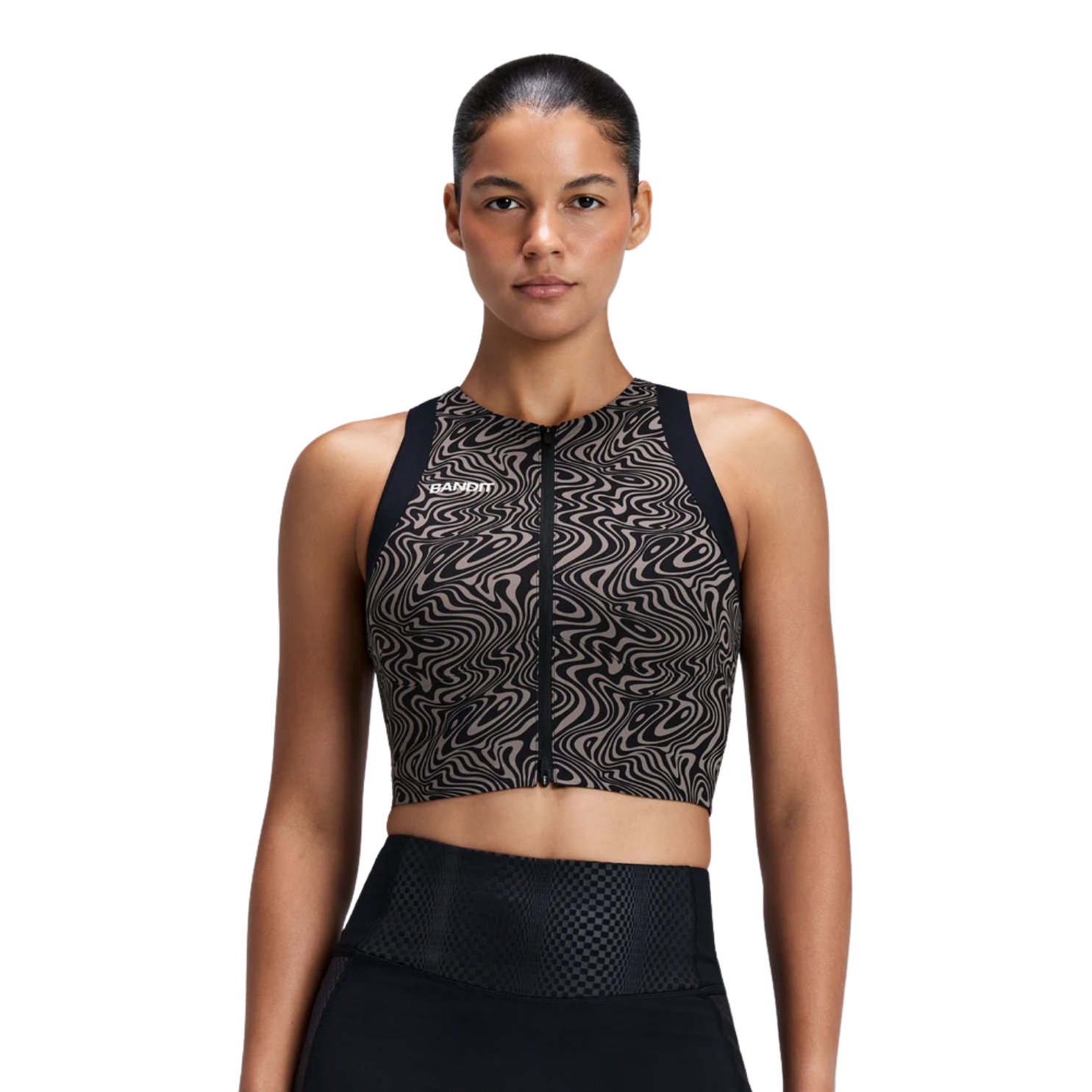 Bandit Running Women's Adapto™ 2-Way Zip Race Crop - Melted Marble Cocoa/Black