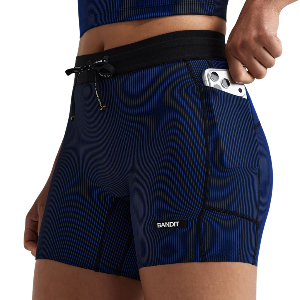 Bandit Running Women's Striped Cadence™ 5" Compression Shorts - Black/Bauhaus Blue