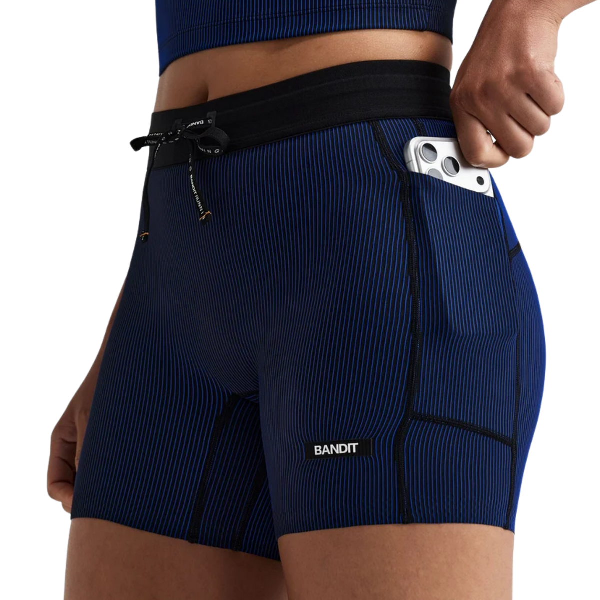 Bandit Running Women's Striped Cadence™ 5" Compression Shorts - Black/Bauhaus Blue
