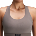Bandit Running Women's Striped Cadence™ Scoop Neck T-Back Run Bra - Cocoa/Concrete Taupe
