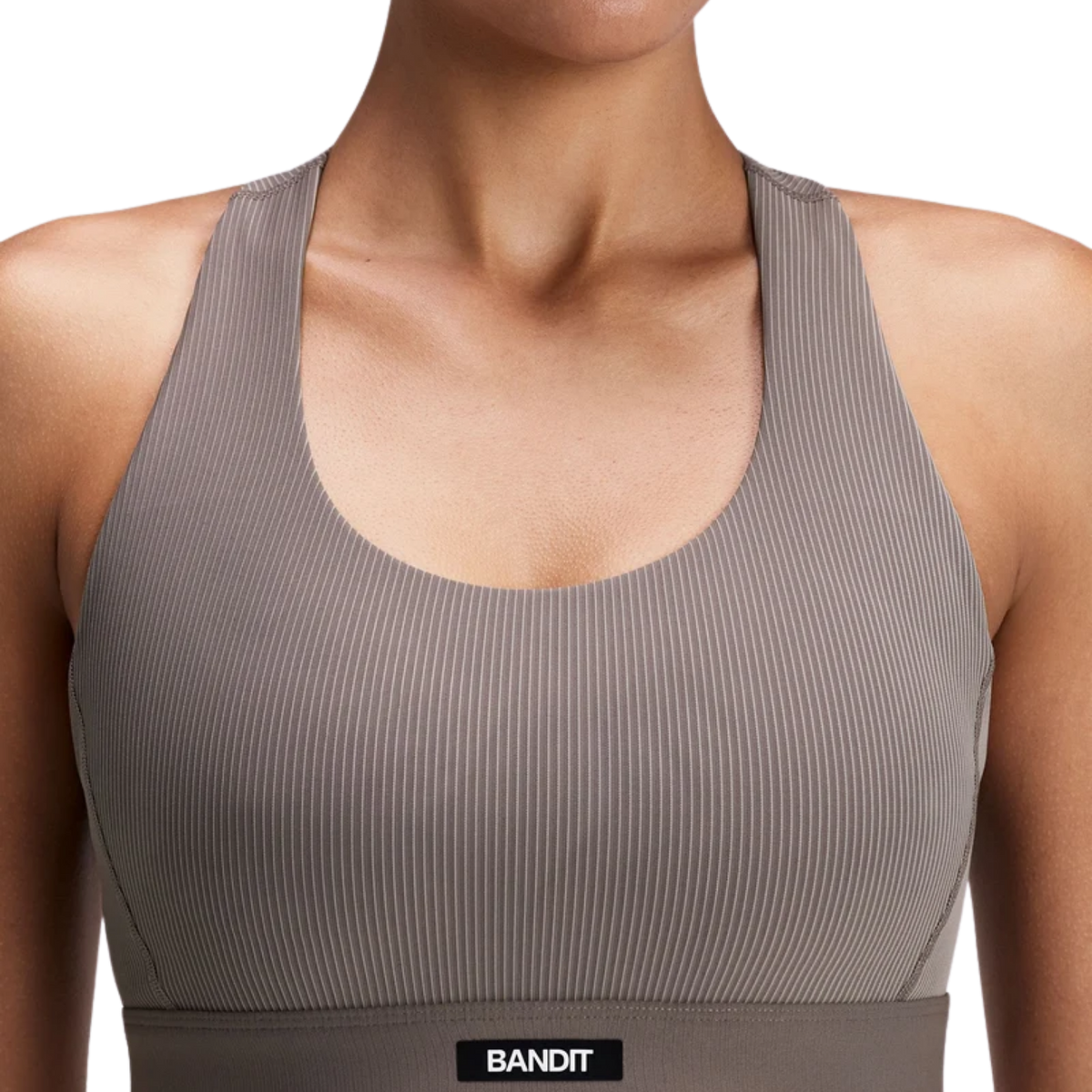 Bandit Running Women's Striped Cadence™ Scoop Neck T-Back Run Bra - Cocoa/Concrete Taupe