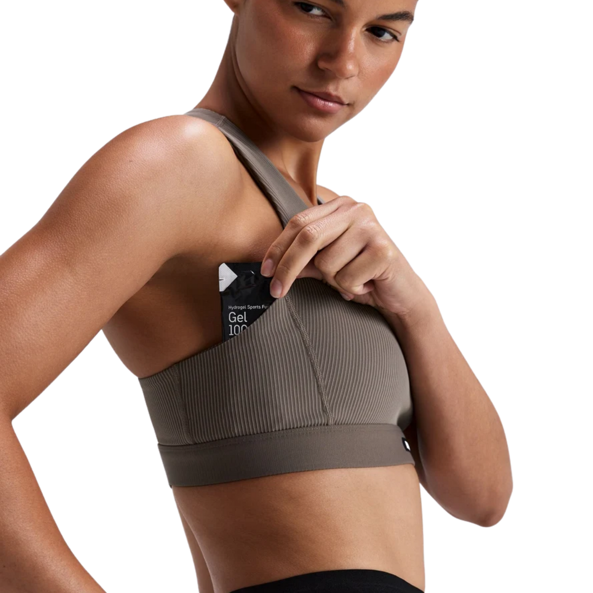 Bandit Running Women's Striped Cadence™ Scoop Neck T-Back Run Bra - Cocoa/Concrete Taupe