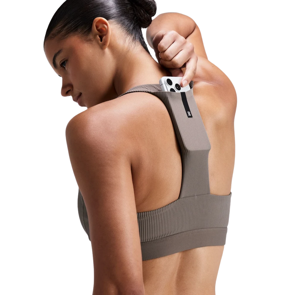 Bandit Running Women's Striped Cadence™ Scoop Neck T-Back Run Bra - Cocoa/Concrete Taupe