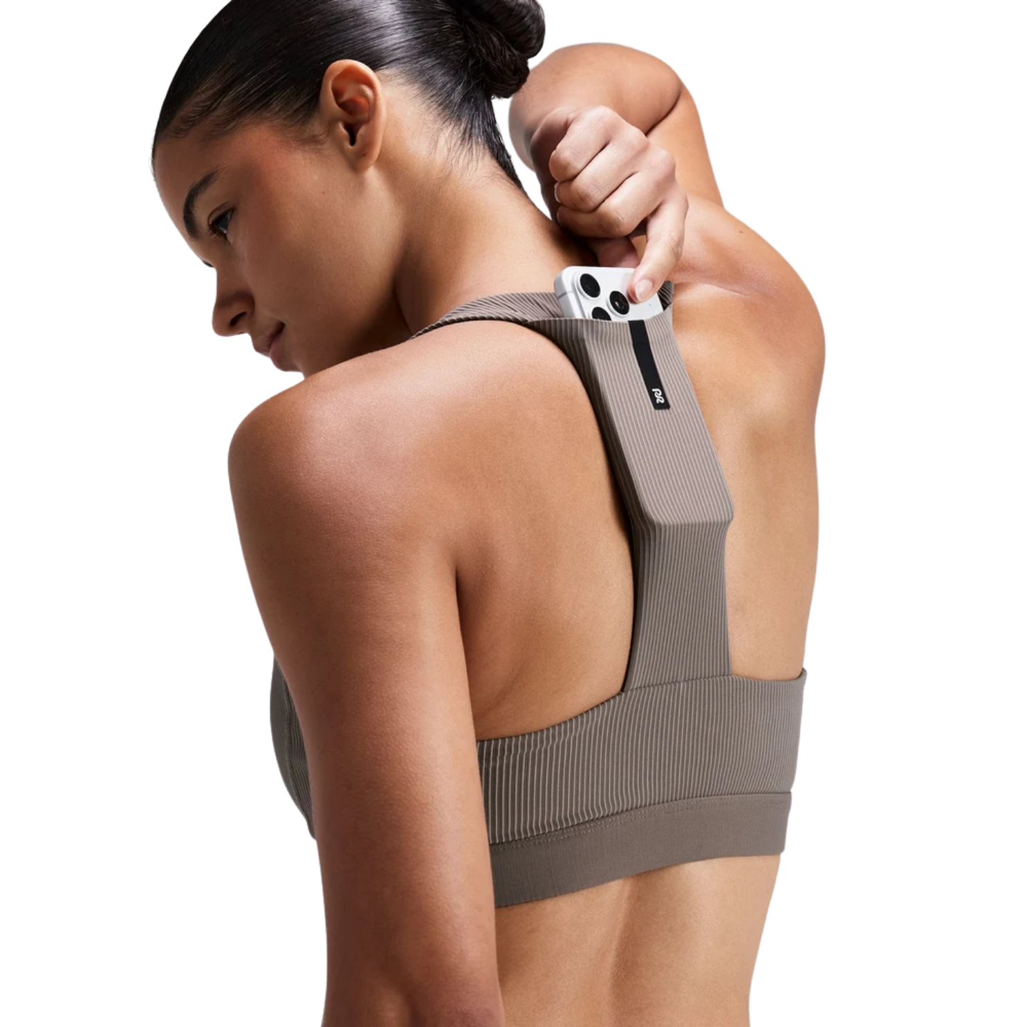 Bandit Running Women's Striped Cadence™ Scoop Neck T-Back Run Bra - Cocoa/Concrete Taupe