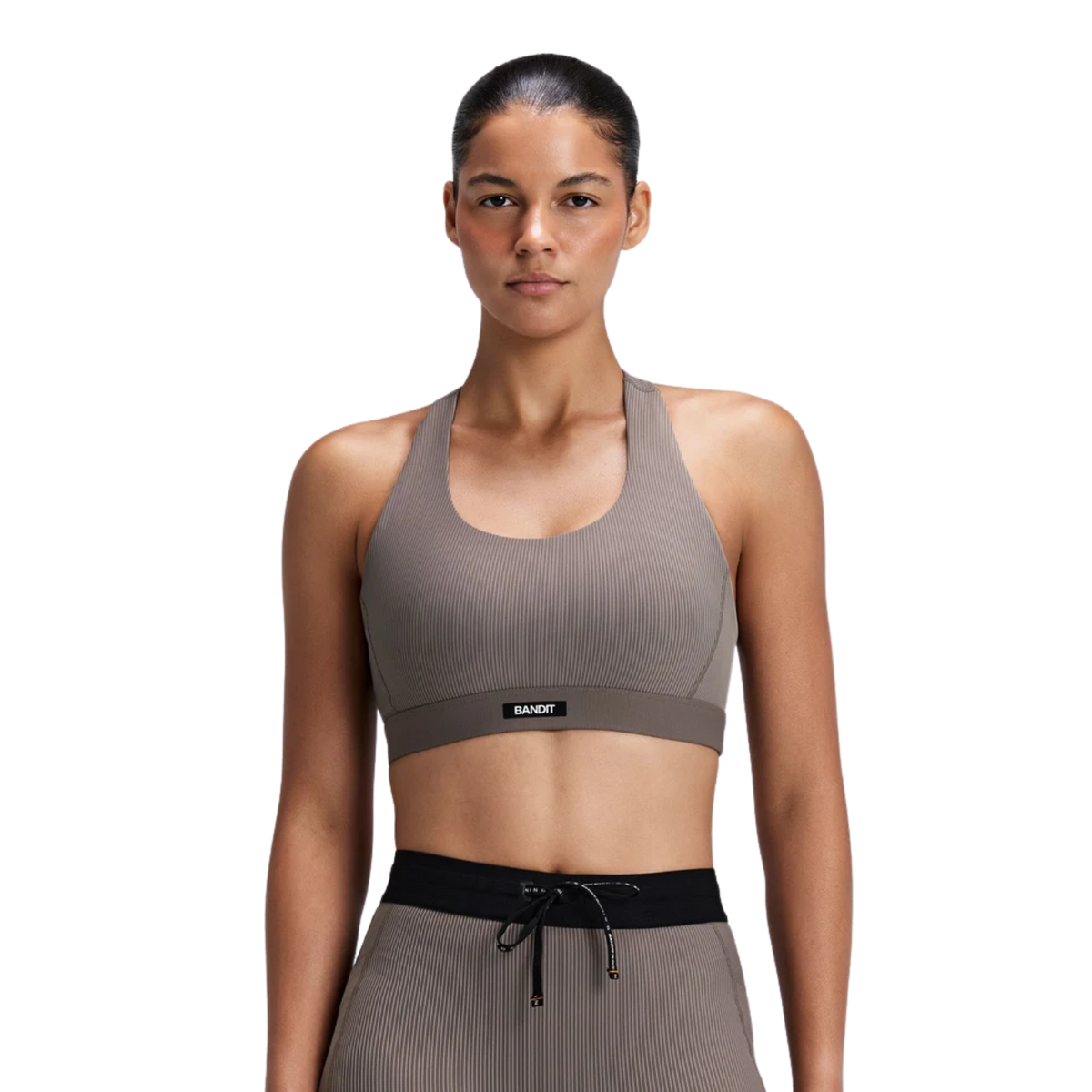 Bandit Running Women's Striped Cadence™ Scoop Neck T-Back Run Bra - Cocoa/Concrete Taupe