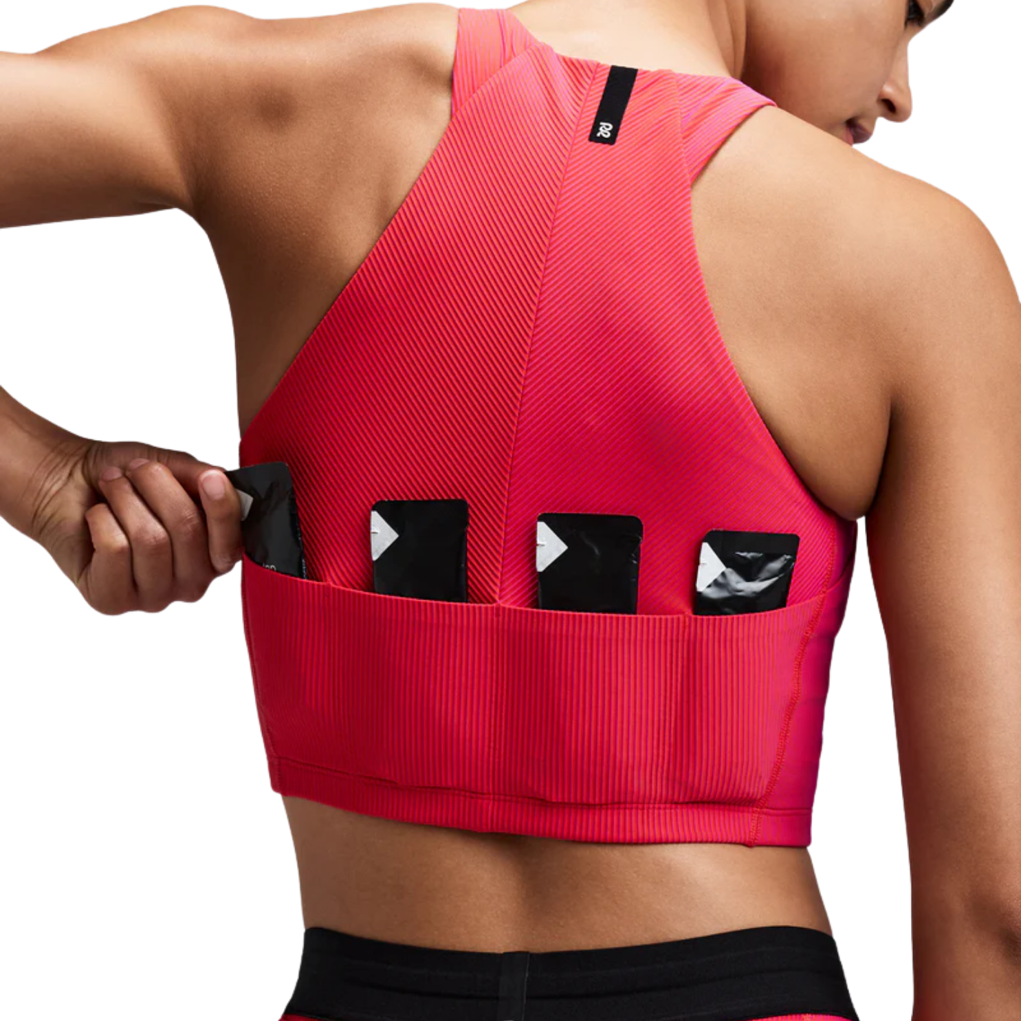 Bandit Running Women's Striped Cadence™ Zip Front Race Crop - Poppy/Azalea