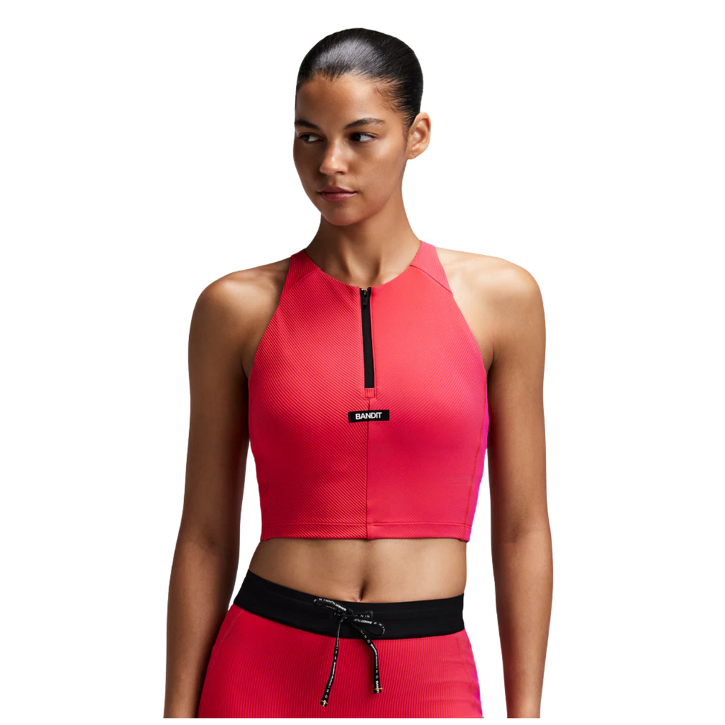 Bandit Running Women's Striped Cadence™ Zip Front Race Crop - Poppy/Azalea
