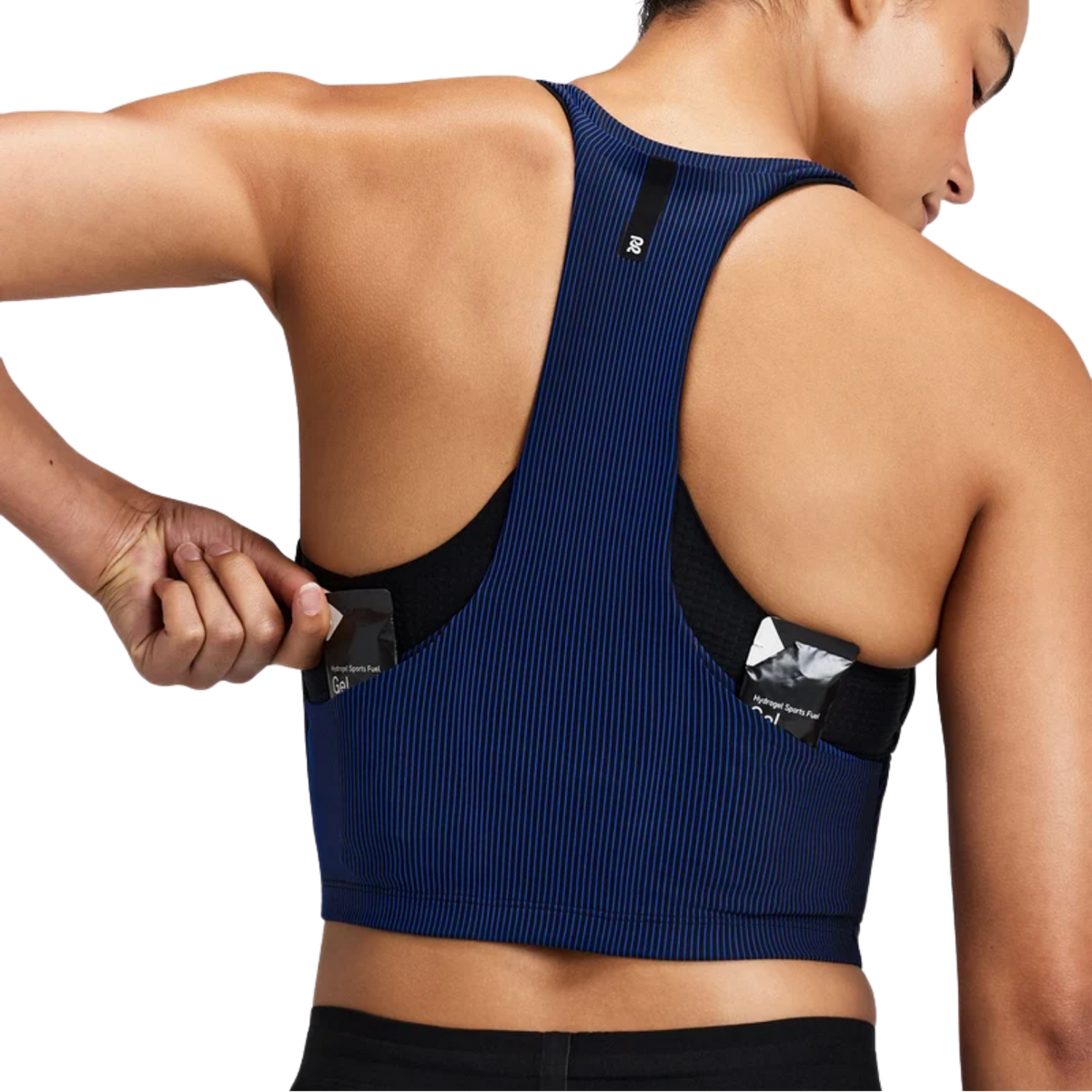 Bandit Running Women's Striped Cadence™ Zip Front T-Back Race Crop - Black/Bauhaus Blue