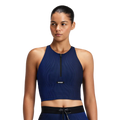 Bandit Running Women's Striped Cadence™ Zip Front T-Back Race Crop - Black/Bauhaus Blue
