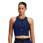 Bandit Running Women's Striped Cadence™ Zip Front T-Back Race Crop - Black/Bauhaus Blue