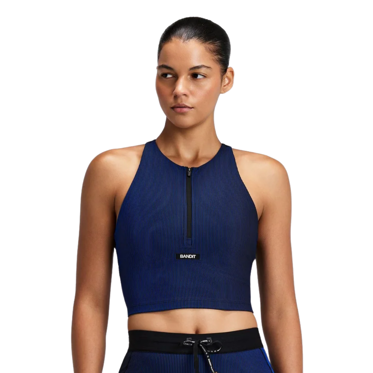 Bandit Running Women's Striped Cadence™ Zip Front T-Back Race Crop - Black/Bauhaus Blue