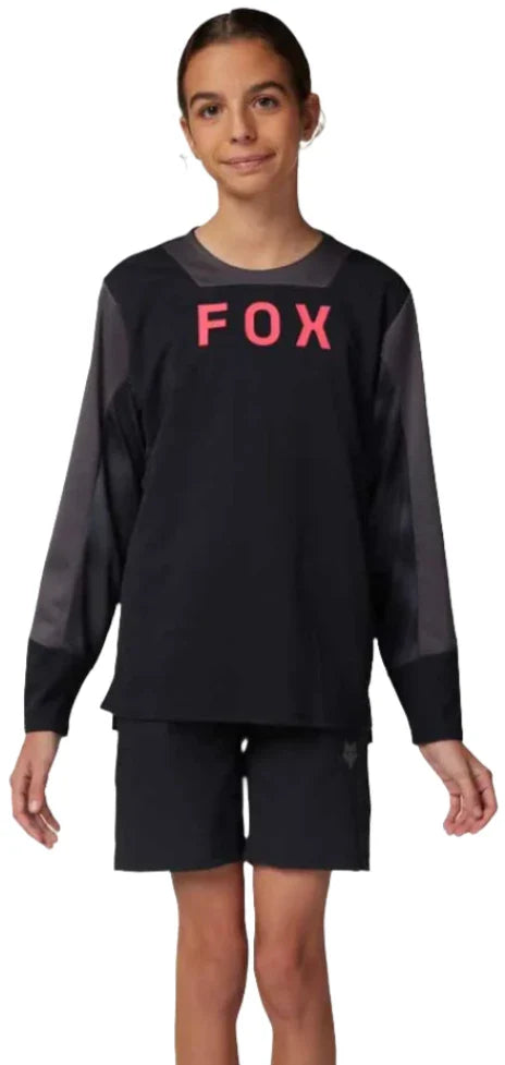 Fox YOUTH DEFEND LS JERSEY TAUNT - Black FRONT FACING MODEL