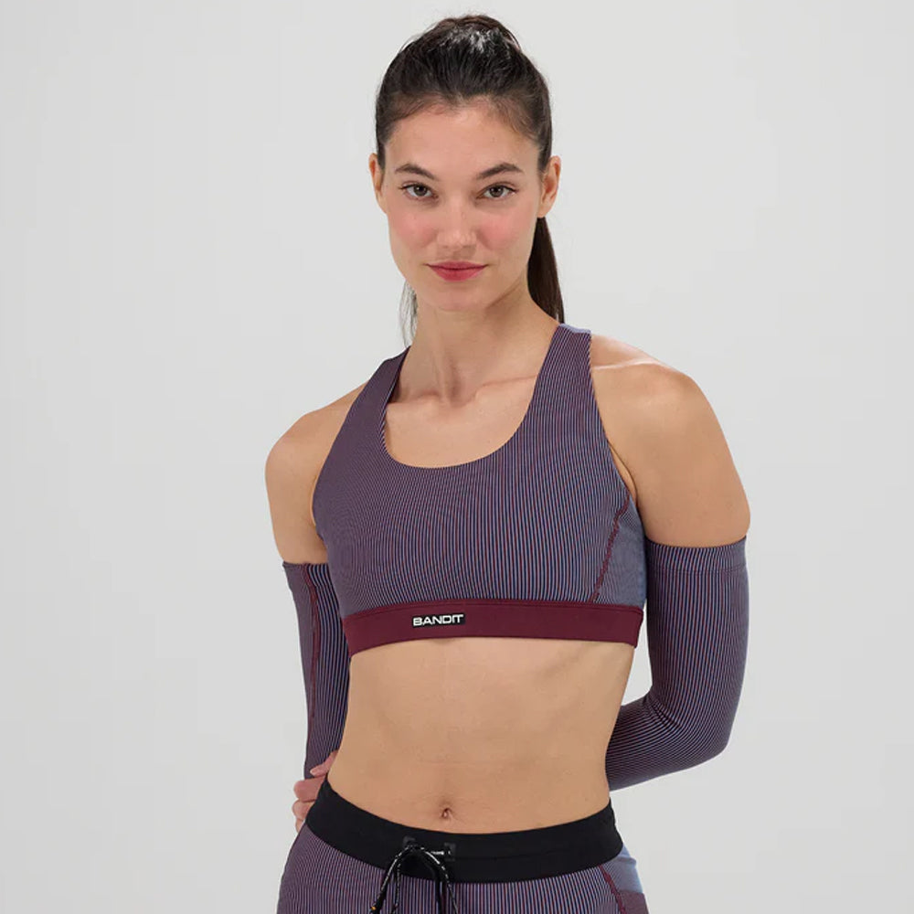 Bandit Running Striped Cadence Scoop Neck Run Bra - Fig/Vintage Blue