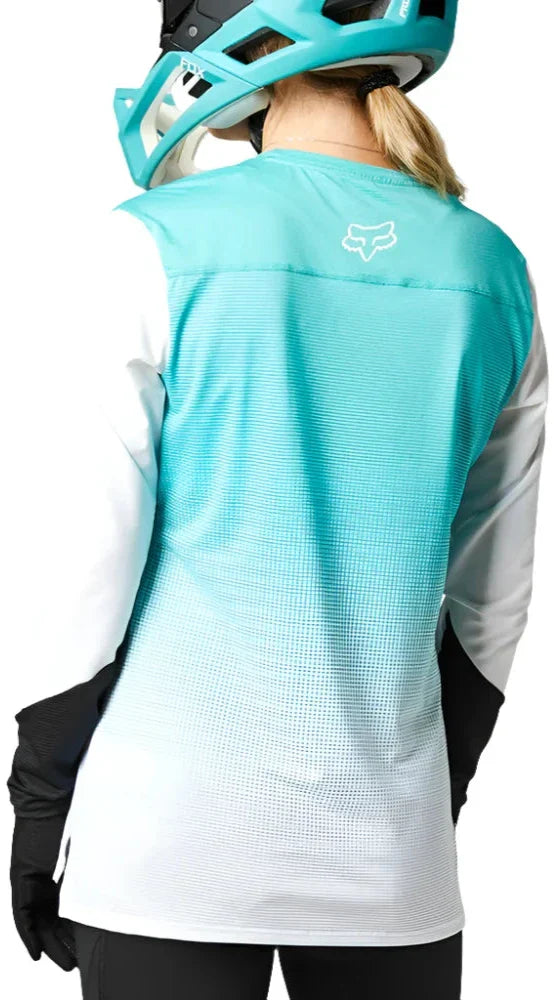 Fox WOMENS FLEXAIR LS JERSEY - Teal Back Facing Model Left