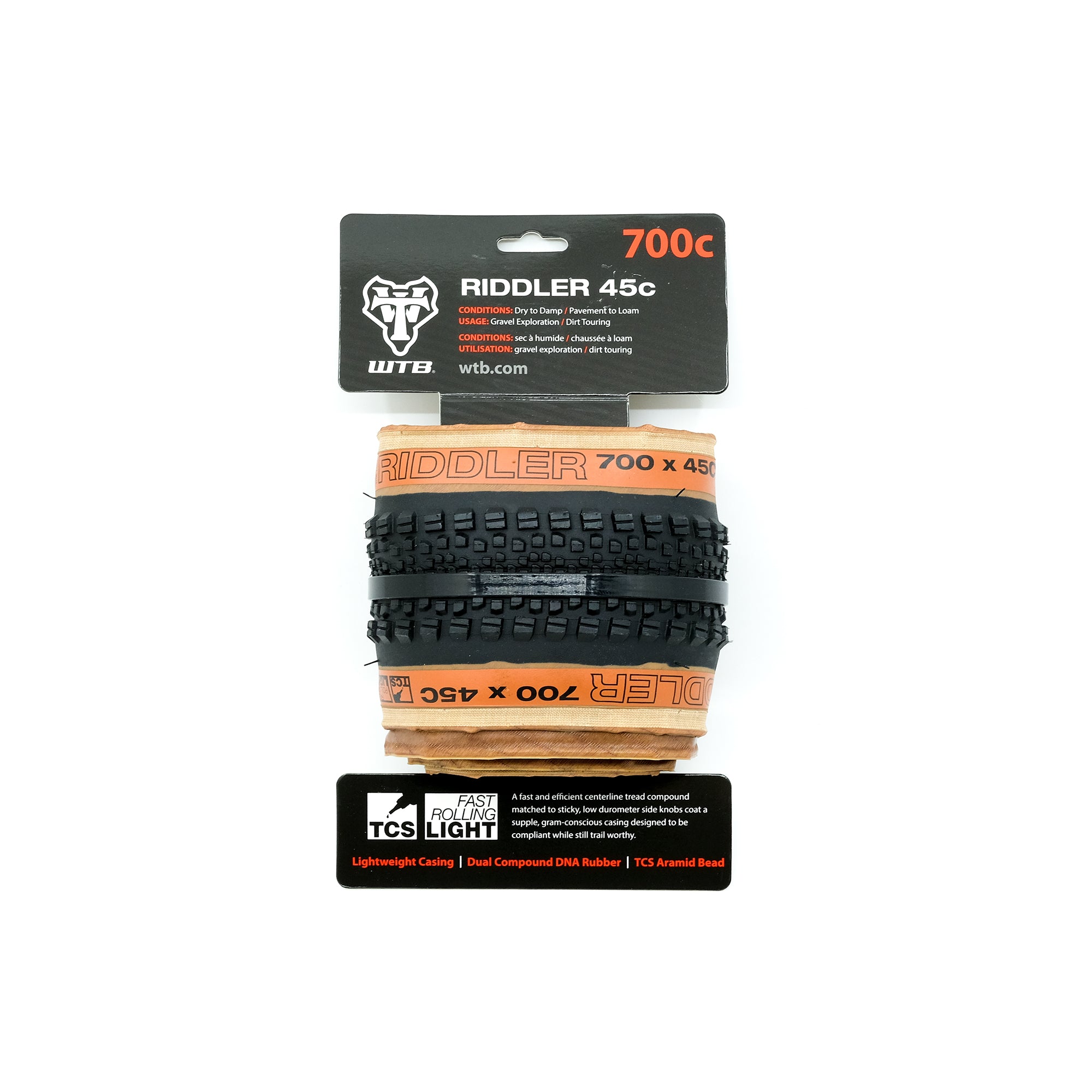 WTB Riddler TCS Light/Fast Rolling Clincher Tyre (700 x 45mm) - Tanwall - CCACHE